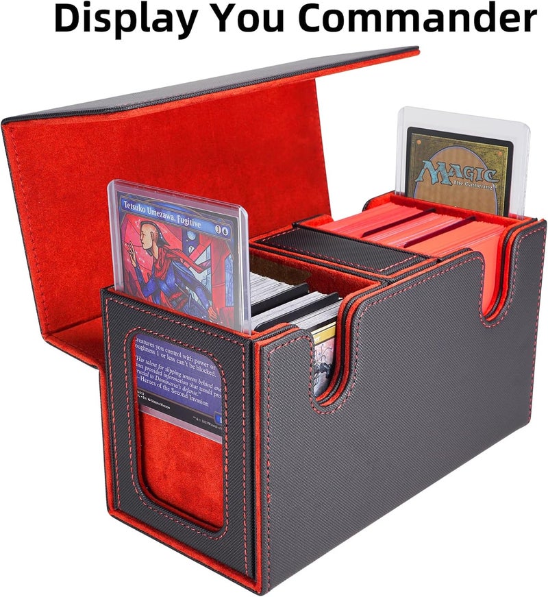 AFIING Mtg deck box with commander display- Fits 200 Double Sleeved Cards,3-in-1Card Deck Case,Strong Magnet Card Organizer For Magic Commander TCG CCG,4Dividers &2 Toploaders, Black/Red - Image 2